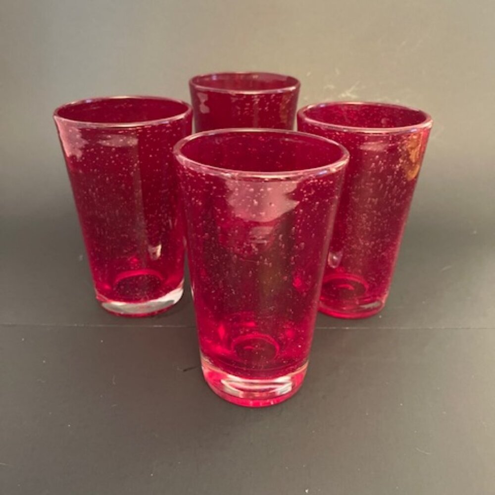 Set of 4 Blown Ruby Red Bubble Glass Tumblers – 16oz, Vintage Charm